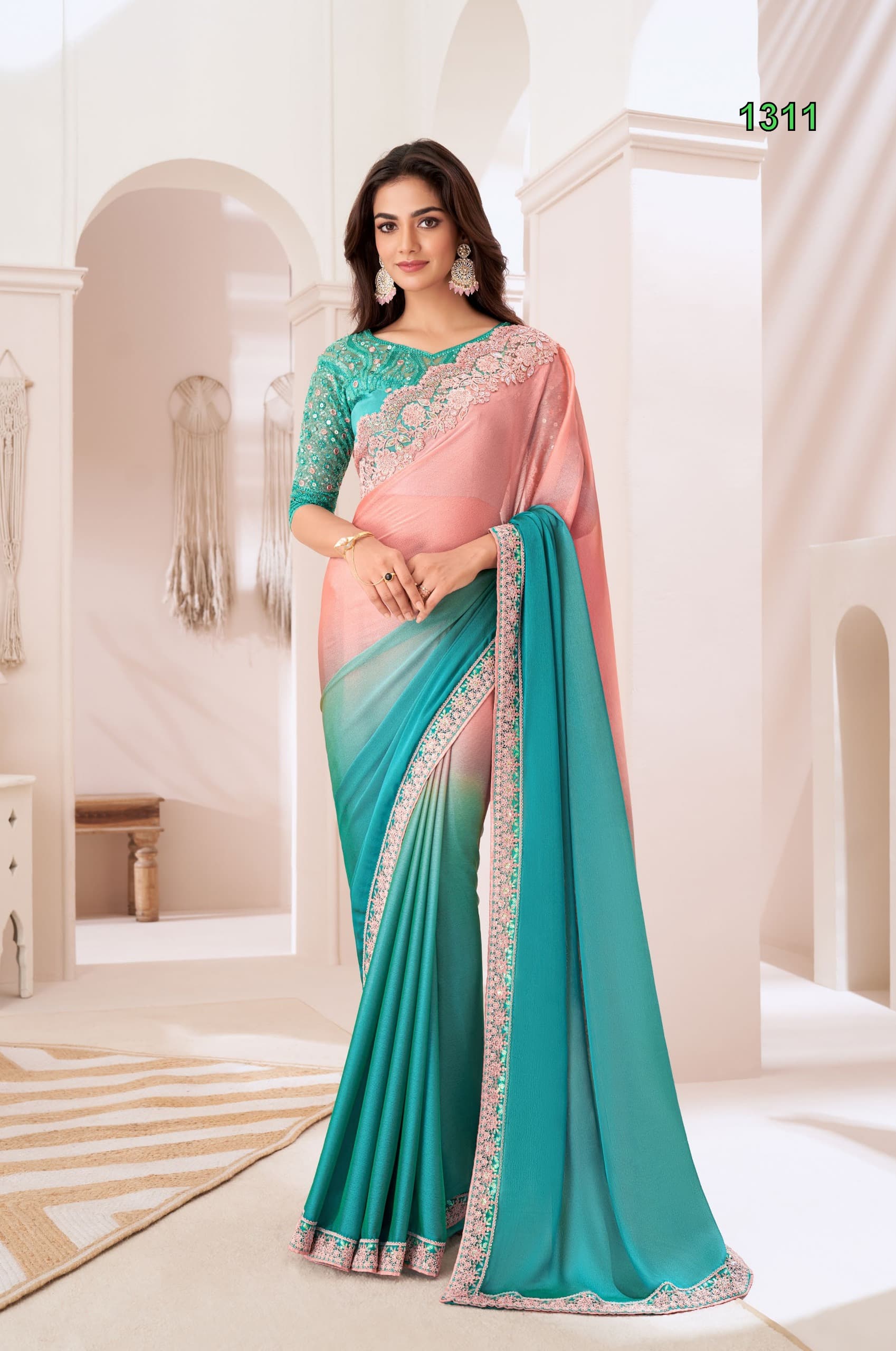 Royal Peach and Teal Majestic Satin Georgette Silk Saree with Banglori Silk Blouse